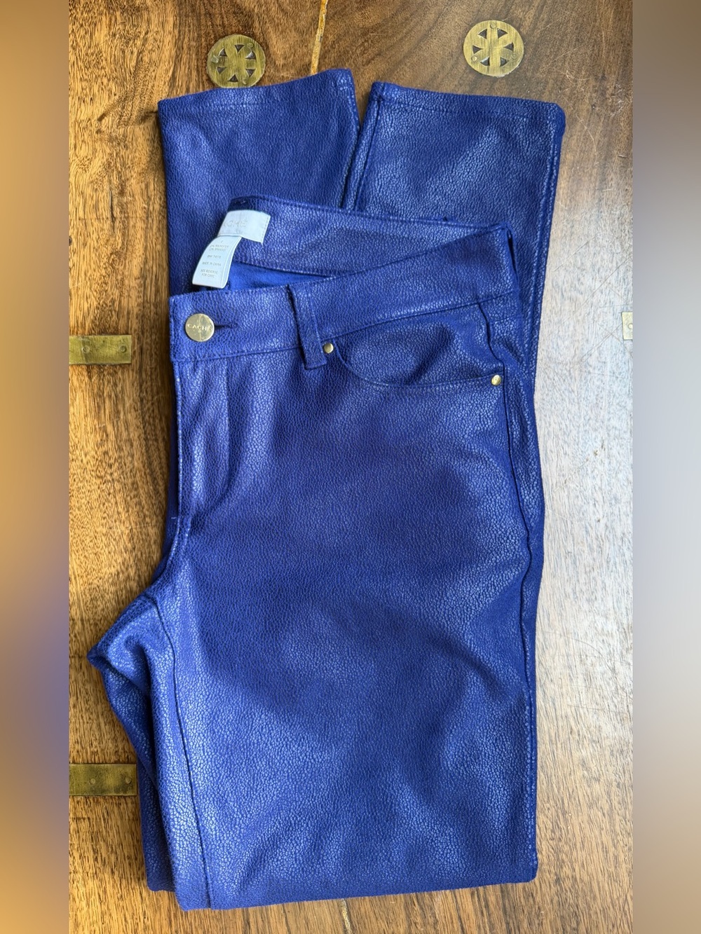 Cache Metallic Blue Coated Skinny Pants Size 2
